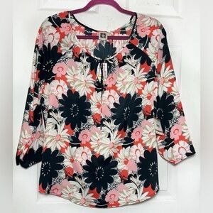 New ANNE‎ KLEIN Floral Lace Up Long Sleeve Women’s Top Blouse Sz 12